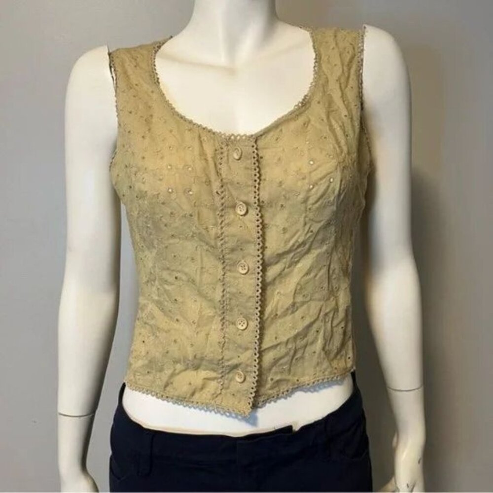 Vintage Boho tan Embroidered Sleeveless cropped top button front small